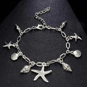 Silver Beach Starfish Anklet Seashell Charm Ankle Bracelet Dangle Shells Conch